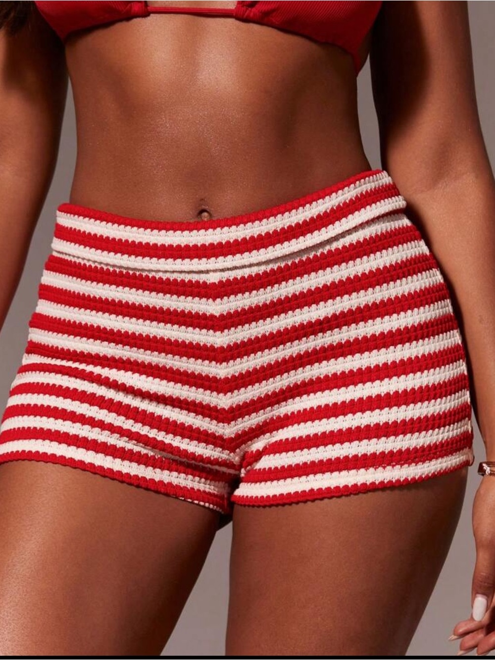 Striped Crochet High-Waist Women’s Shorts - Red & White